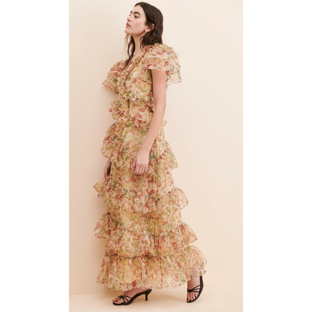 NEW SELKIE ELFIN MUSHROOM PRINT RUFFLE MAXI DRESS SZ XS